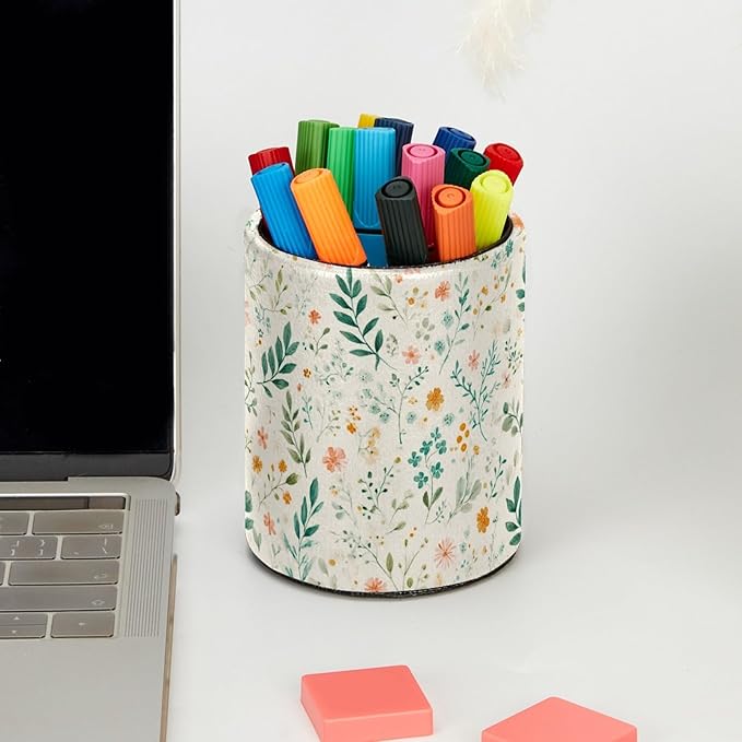 Leather Pen Holder for Desk Floral Leaf Pencil Cup Desktop Organizer Makeup Brush Holders Office Supplies for Home, Kids & School