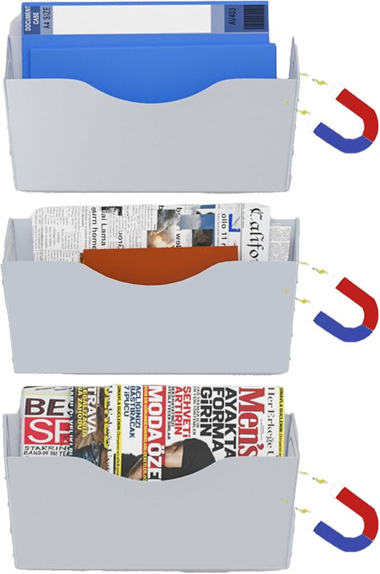 3-Pocket Magnetic File Holder - Wall Mount Mail Organizer for File Cabinets, Refrigerators, Whiteboards (Silver)