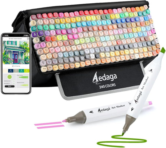 AEDAGA 240 Colors Alcohol Markers with Free App, Dual Tip Art Marker with Kickstand Case for Artists Adults. Alcohol Based Markers for Coloring Painting Sketching and Drawing, Great Gift