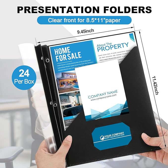Teling 24 Pcs Clear Front Report Covers with 3 Prongs, Plastic Black Presentation Folders Bulk with 3 Pockets for A4 and Letter Size Paper, 90 Sheet Capacity, Document Covers for School Business