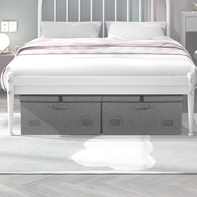 Graciadeco 75 Quarts Extra Large Decorative Storage Bins with Lids, 3 Packs Gray Collapsible Storage Bins with Lids, Stackable Storage Bins Decorative Box Storage With Lid Extra Large