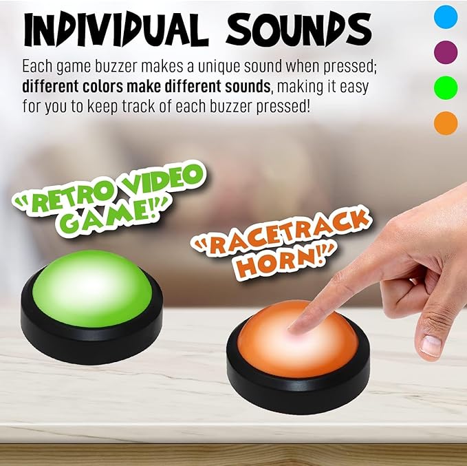 Teacher's Choice Light Up Game Buzzer System, Displays The Winning Player Loud, Unique Sounds for Each Buzzer, Great for Trivia Games, Family Feud, Jeopardy (4 Pack)