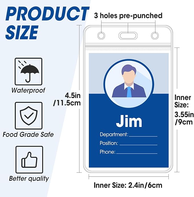 200 Pcs Vertical Badge Holders, Waterproof ID Badge Holder, Clear ID Card Holder with Resealable Zip for Proximity Cards, RFID, Credit Cards