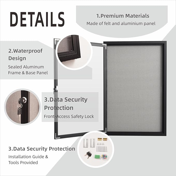 36×24 Inch Lockable Enclosed Bulletin Board, Weather-Resistant Outdoor Noticeboard with Locking Doors, Wall-Mounted Black Aluminum Frame & Grey Felt Presentation Board