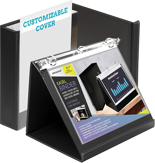 Performore Black Easel Binder - 1.5" Round Ring Flip Display Easel Folder - Presentation- Standing Clipboard for Desk - Flip Chart Easel - Foldable