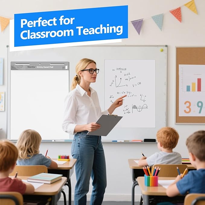 Nortix Flip Chart Paper, Sticky Easel Pads, Chart Paper for Teachers,Super Adhesive & Bleed-Resistant, Large Self-Stick Easel Paper for Classroom/Office, 25 x 30 inch, 30 Sheets/Pad, 6 Pads