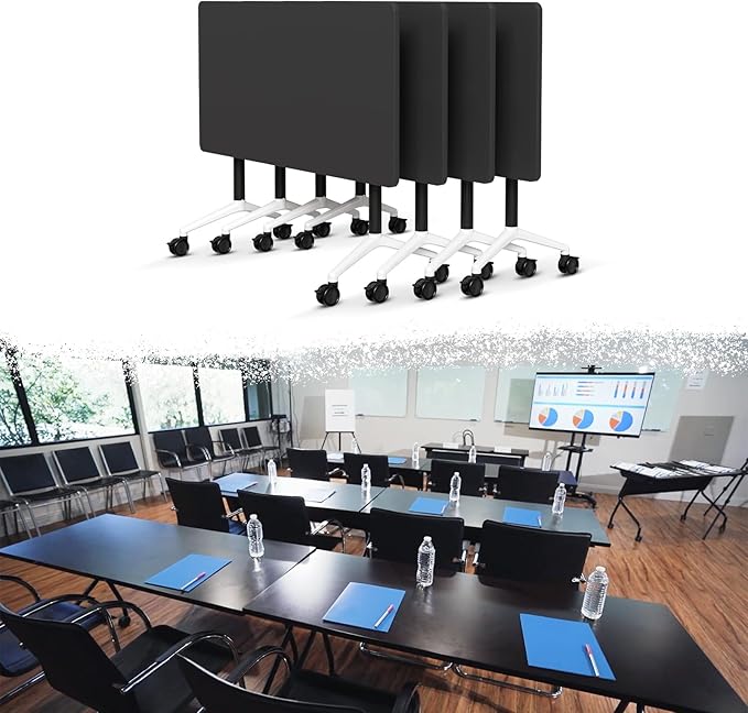 Goakwwuz Conference Room Table, Folding Conference Tables,Thicken Grey Tabletop,Flip Top Wooden Seminar Meeting Room Table for Conference Room Offices (4, Black, 70.8”)