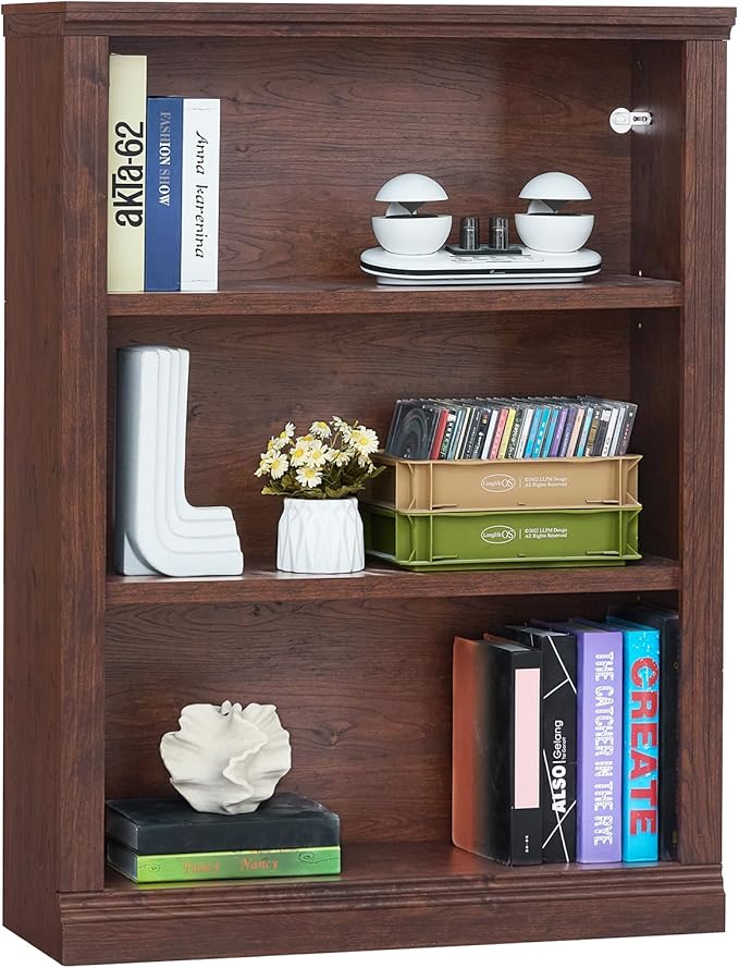 RWYHG 43" Walnut Tall Bookshelf,3-Tier Thick Wooden Book Shelf with Adjustable Shelves,Free Standing Farmhouse Bookcase with Open Display Storage,Floor Vintage Bookshelves for Living Room,Office