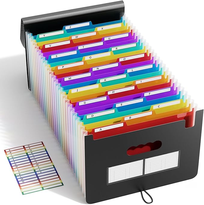 ABC life 26 Pockets Expanding File Folder, Letter A4 Accordion File Organizer, 3 Tab File Folder, Portable Monthly Paper Bill Tax Receipt Organizer with Colorful A-Z Alphabetical Tabs - Black
