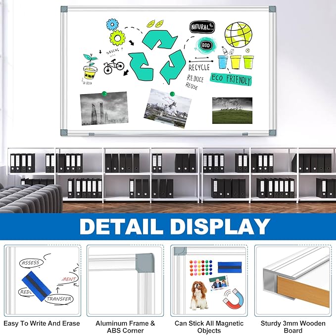 Max-officoo White Board Dry Erase Whiteboard for Wall 72" x 48" Aluminum Presentation Magnetic Whiteboards with 4 Hooks, 12 Magnets, 3 Markers & 1 Eraser