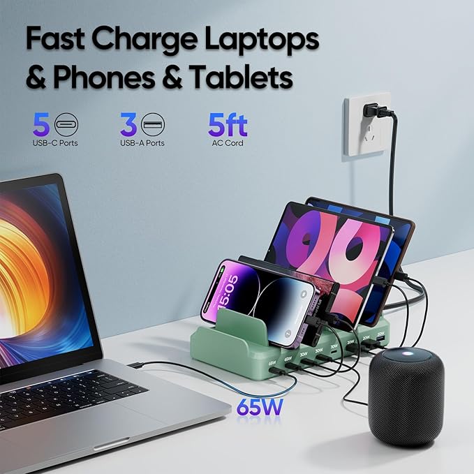 300W Charging Station for Multiple Devices, 8 Port Multi USB C Fast Charger Station Dock for MacBook iPhone 16/15/14/13/12 Samsung Pixel Series iPad, Green (6 Mixed Short Cables Included)