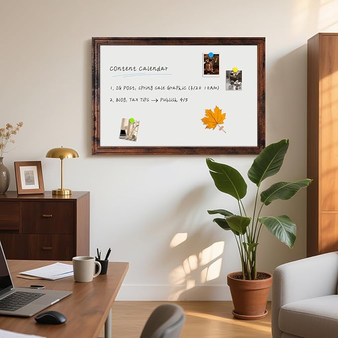 Large White Board for Wall, 36'' x 24'' Magnetic Dry Erase Board, Decorative Whiteboard, Brown Vintage Wooden Frame