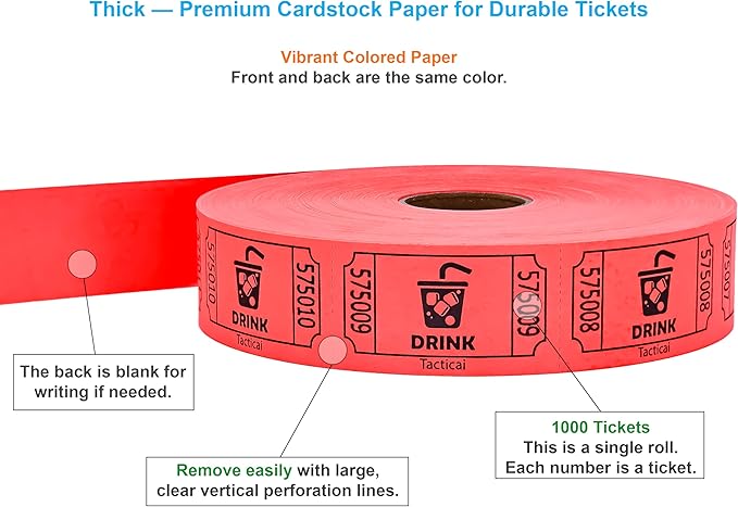 Tacticai 1000 Raffle Tickets, Drink, Red (1 of 8 Colors), Single Roll for Events, Entry, Class Reward, Fundraiser & Prizes