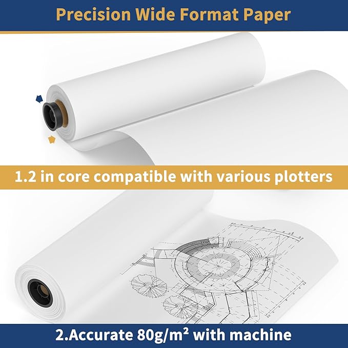 SJPACK Wide Format Paper Roll,36" x 150 ft Plotter Paper with 2 Inch Core for CAD and Inkjet Printing Premium Bond Papers for Engineering Architectural and Maps（4 roll）