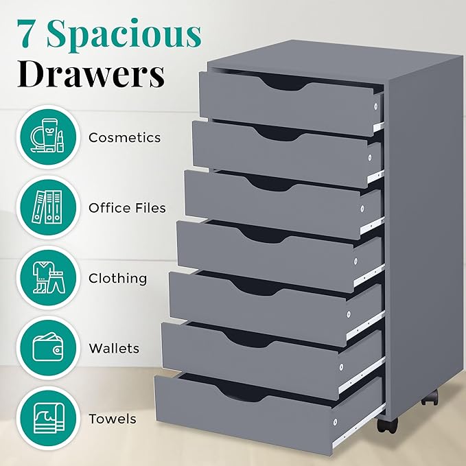 Naomi Home 7-Drawer Grey Dresser with Lockable Casters, Smooth Gliders, and Spacious Top - Sleek Storage for Bedroom or Office