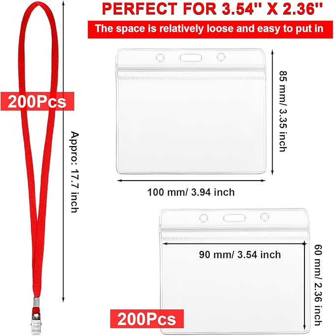 Marspark 200 Sets Clear Name Tags with Lanyard, Lanyards for ID Badges Reusable Strap with ID Holder Plastic Name Badges for Adults Business School Church Conference (Red)
