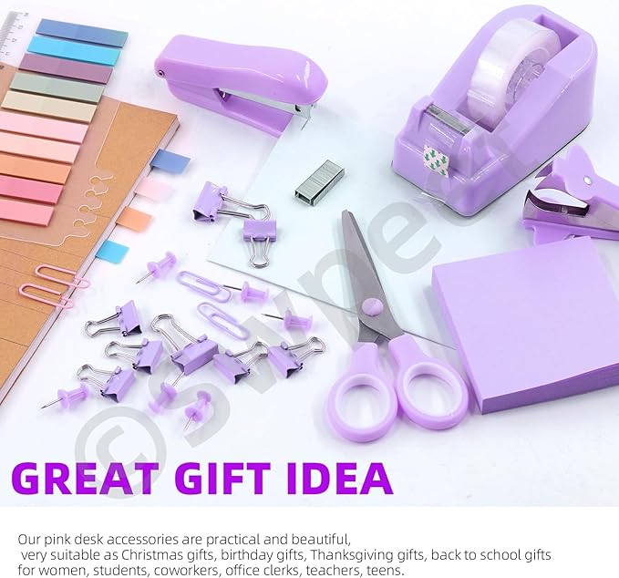 Swpeet 9Pcs Purple Office Supplies Kit, Desk Accessories Including Stapler, Tape Dispenser, Staple Remover, Tabs, Scissors, Staples, Tape, Clips and Sticky Note Ideal for Office and School