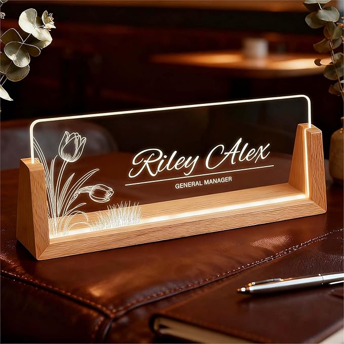 Light Up Desk Name Plate Personalized, Custom Office Sign for Boss Coworker Team, Employee Recognition Gifts, Modern Workplace Decor