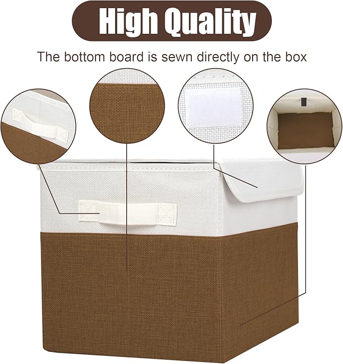 Bagnizer Large 22 Quart Linen Fabric Foldable Storage Bin Cube Organizer Basket with Flip-Top Lid & Handles, Clothes Blanket Box for Home, Office, Closet, Brown & White, 4 Pack 14.6 x 9.5 x 9.5