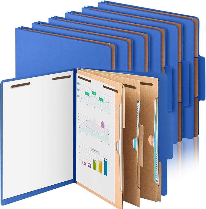12 Pcs Classification Folders Letter Size 3 Pocket Dividers Employee File Folder with 2 Prongs Fasteners, 2 in Expansion Heavy Duty Pressboard File Holder for School Office Medical Document(Dark Blue)