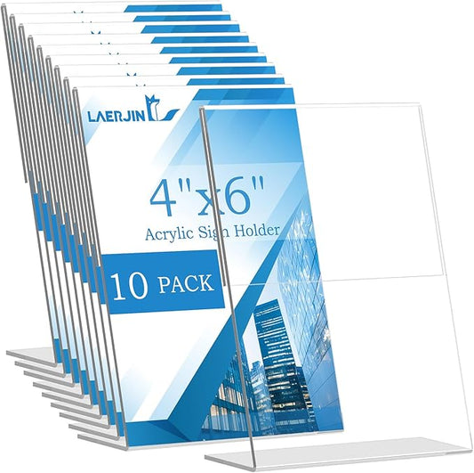 Laerjin Acrylic Sign Holder 4 x 6 - 10 Pack Slanted L-Shaped Photo & Menu Display Stand, Clear Plastic Frame with Side Loading Design - For Tabletop Signs in Cafés, Events, Retail