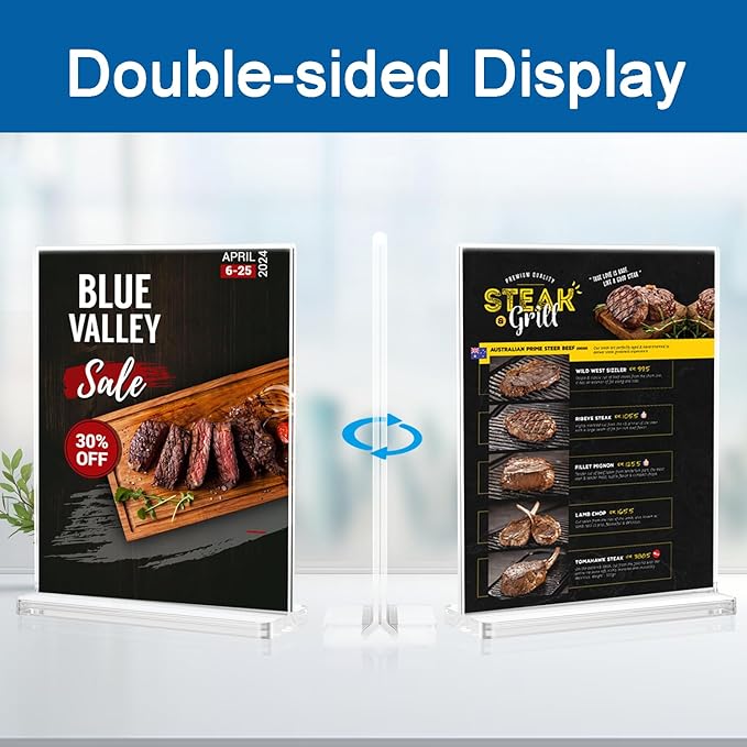 BlueValley Acrylic Sign Holder 8.5x11 Vertical - 12 Pack Double Sided Clear Plastic Table top Paper Display Stand for Menu, Flyer, Document, Poster - Standing Sign Holder for Office, Retail, Catering, Show Fair