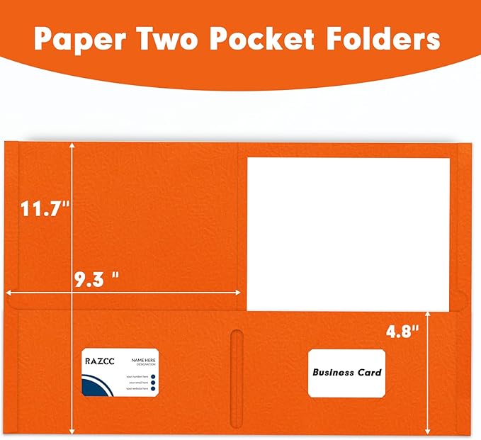 Two Pocket Folders, RAZCC 50 Pack 2 Pocket Folders Fit Letter Size Paper, Paper Folders with Pockets for School Office Business Home (Orange)
