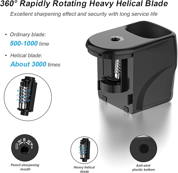Electric Pencil Sharpener Heavy-Duty Helical Blade Sharpener with Adapter/Battery Operated for No.2/ (6-8mm) Pencils with Auto Stop & Cleaning Brush in School/Classroom/Office (Black)