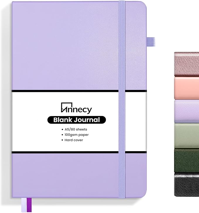 Annecy Blank Journal Notebook, Medium 5.5x 8.25, 160 Pages 100GSM Writing Paper, A5 Purple Faux Leather Cover with Pen Loop