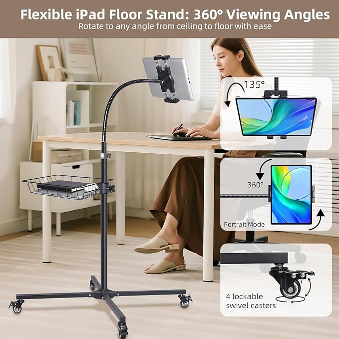 Coslony Adjustable Floor Standing Tablet Stand with Storage Basket, Mobile Rolling Base, Height Adjustable Metal Frame