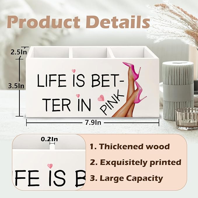 URLLUAE Cute Girly Pink Makeup Brush Toothbrush Holder Organizer for Dorm Bathroom Vanity, Life is Better in Pink Wooden Pen Pencil Holder for Desk Accessories