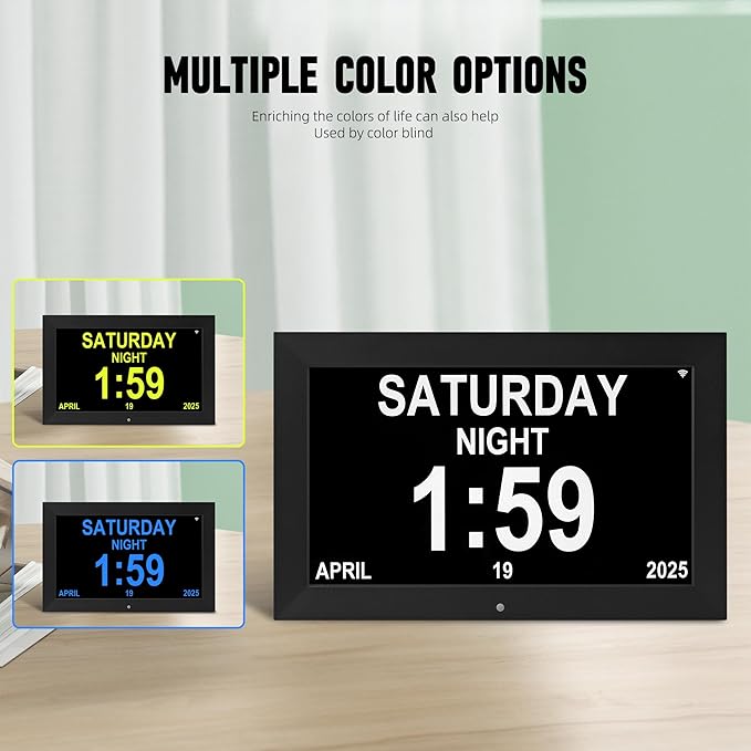 Memwake Digital Alarm Clock, Multiple Alarm Functions, Clock with Date and Day, Digital Alarm and Electronic Calendar for Seniors (White, 7 inch) (10-inch Black WiFi)