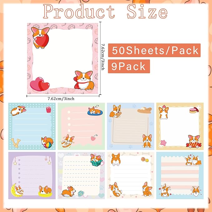 Lovarywow Corgi Sticky Notes Gifts - 9Pack Cute Sticky Notes 3x3 Cartoon Corgi Gifts for Corgi Lovers Corgi Notepads Funny Dog Post Pads for Women Office School Supplies 450 Sheets