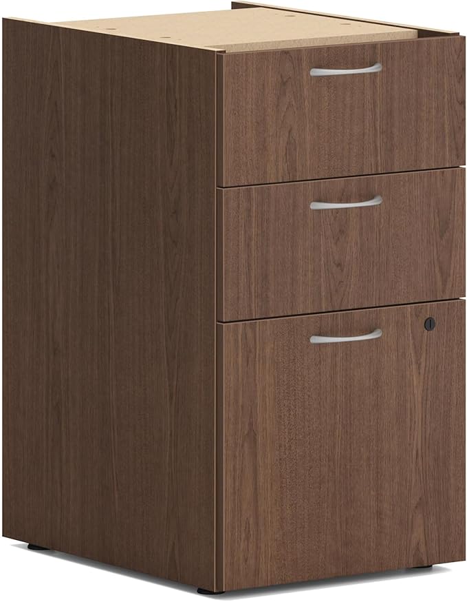 HON MOD Office Storage Drawers Pedestal Stand, Under Desk Organizers and Storage, Includes Two Box Drawers, One File Drawer, 15" W Pedestal for Office Spaces, Home Offices, Walnut