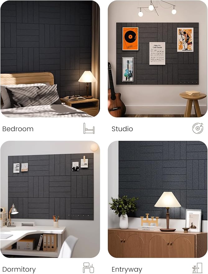 Fluxynara Felt Bulletin Board Tiles Large 48" x 36" Cork Board Alternative-12 Pack with 70 Adhesive Tabs, Thick Slat Wall Panels for Office Decor, Push Pin Board Wall Organizer -Deep Charcoal Blue