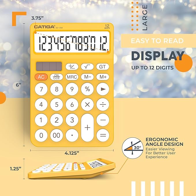 CATIGA 12 Digit Desktop Calculator Basic Desk Calculator with Large LCD Display, Big Buttons, 4 Function, Solar and Battery Dual Power, for Office, School, Home, SD-1292 Yellow