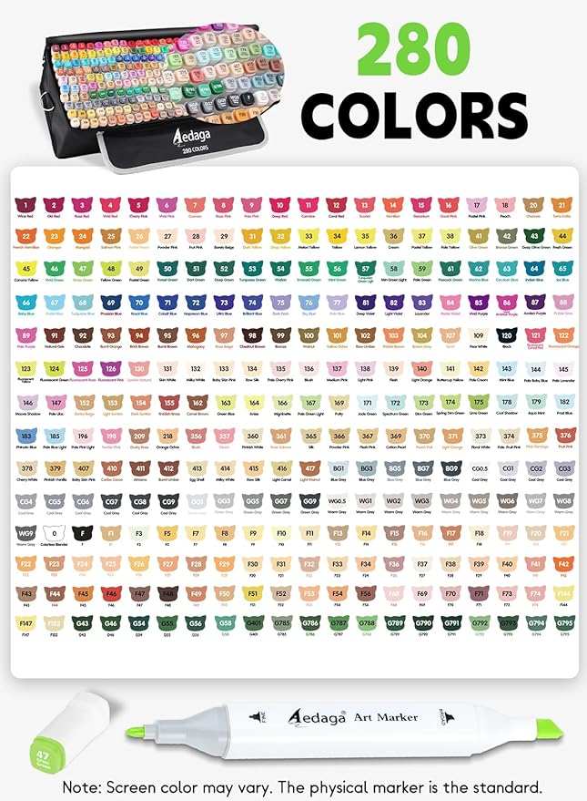 AEDAGA 280 Colors Alcohol Markers with Free App, Dual Tip Art Markers with Kickstand Case for Artists Adults,Alcohol Based Marker for Coloring Painting Sketching and Drawing, Great Gift