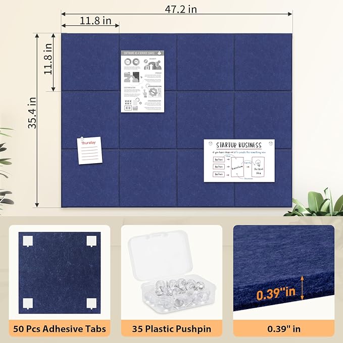Smarpau Large Cork Board for Walls, 12 Pack Square Bulletin Board, 48"x36" Pin Board with Pushpins Removable Security Stickers, Felt Wall Tiles for Office Home Decoration-Deep Blue