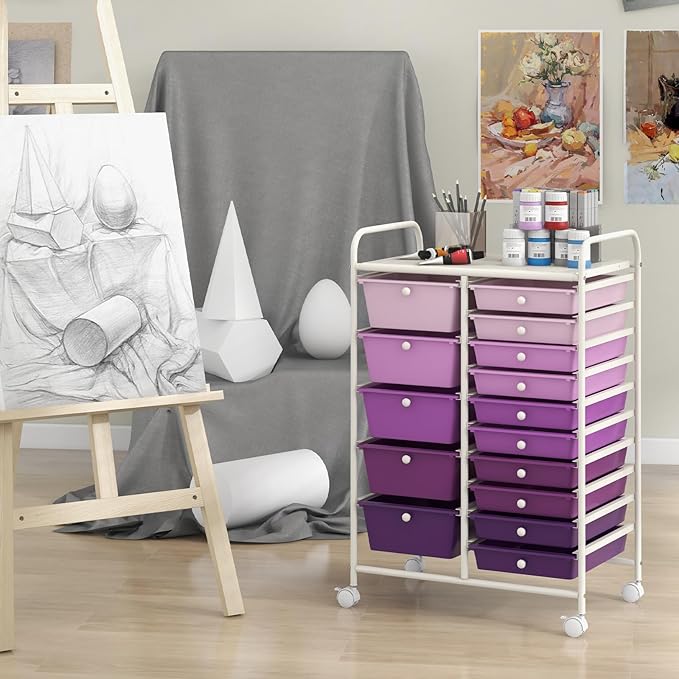 COSTWAY 15-Drawer Rolling Storage Cart, Mobile Utility Cart with Heavy-duty Frame & Lockable Wheels, Multipurpose Storage Organizer for Paper, Office, School, Purple Gradient