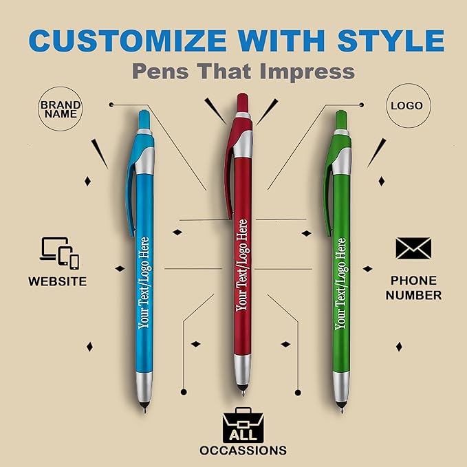 Personalized With your Custom Logo or Text Pens-Pack of 300- for Marketing, Parties, and Events, 2 in 1 Capacitive Stylus & Ballpoint Pen Compatible With Touchscreen Devices, Black Ink, Assorted