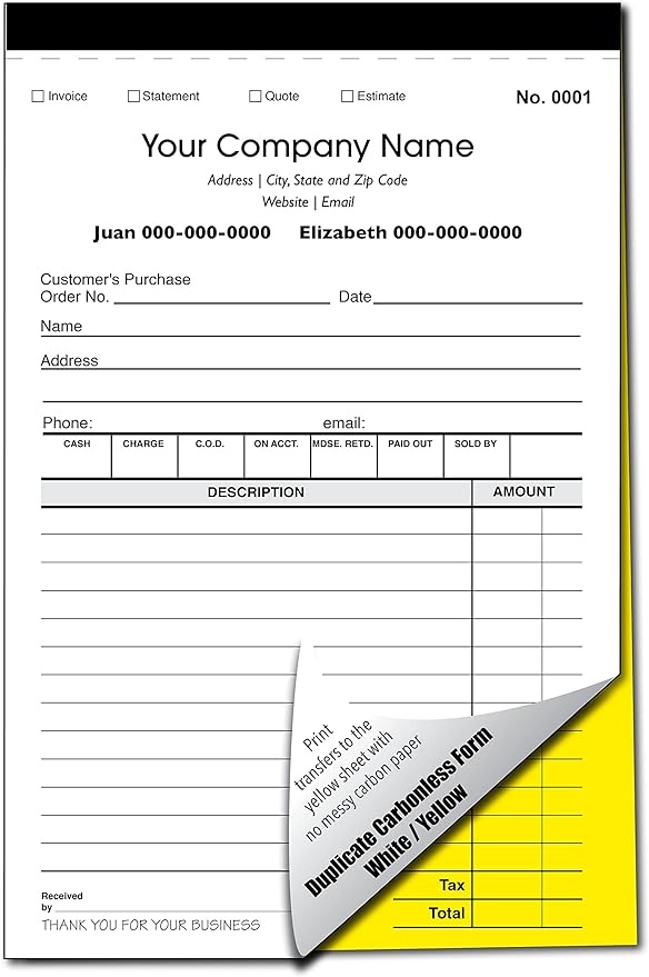 Custom Sales, Invoice, Statement, Estimate, Quote, Personalized Multipurpose Duplicate Carbonless Form with Your Company Name - 5 Books (250 Sets) Numbered