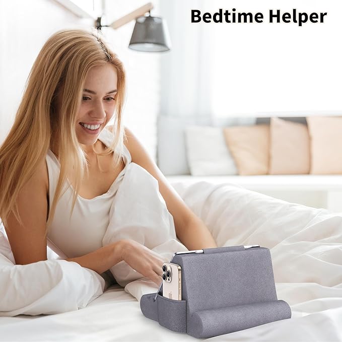 CreaDream Tablet Pillow Stand, Soft Pillow Pad for Lap, Tablet Holder Dock for Bed with 3 Viewing Angles, Pocket, Stylus Mount, Compatible with iPad Pro 13, 10.5, 9.7 Air, Mini, Galaxy Tab, E-Reader