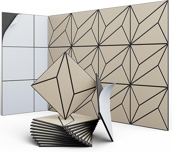 UNECHO 12 Pack 12" X 12" X 0.47" Acoustic Panels for Wall Sound Absorbing, Dual-Color P-Stripes Square Self-Adhesive Sound Panels, High Density Suitable for Multiple Scenarios(Black+LightBrown)