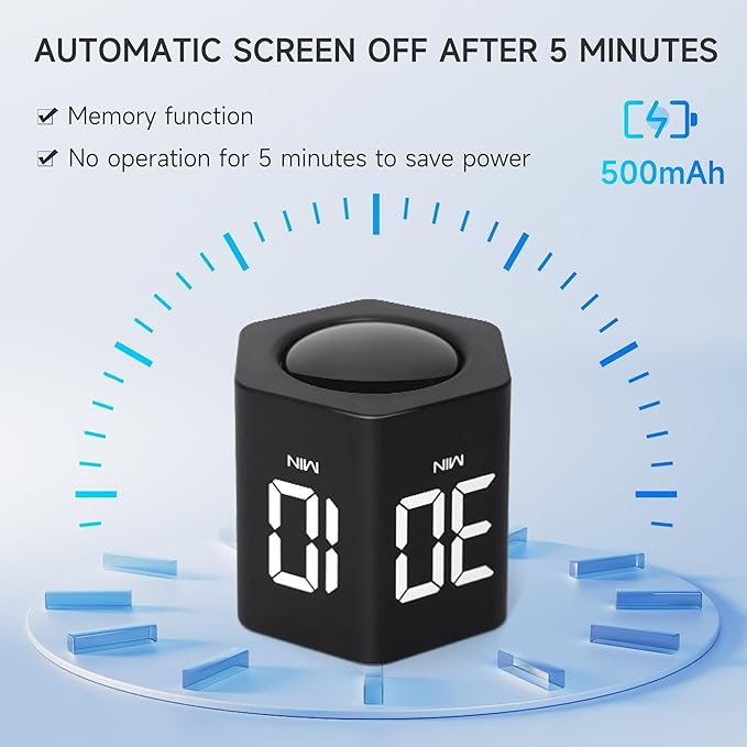 Exlliy Productivity Timer 1, 5, 10, 30, 60 Minutes Preset, Desk Cube Timer with Gravity Sensor/Mute/Vibration for ADHD, Work, Study, Kitchen, Back to School (1, Black)