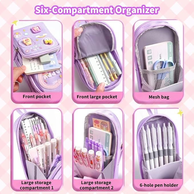 Large Capacity Kawaii Purple Pencil Case - Cute 3-Compartment Stationery Organizer for School Supplies, Office, and Travel | Ideal Gift for Students, Artists, and Art Lovers, Holds 50 Pens or Pencils