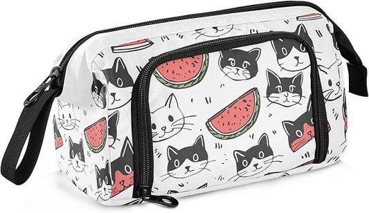 Bolaz Big Capacity Pencil Pen Case Pouch Bag School College Office Organizer for Teens Girls Adults Student-Cartoon Cat and Watermelon