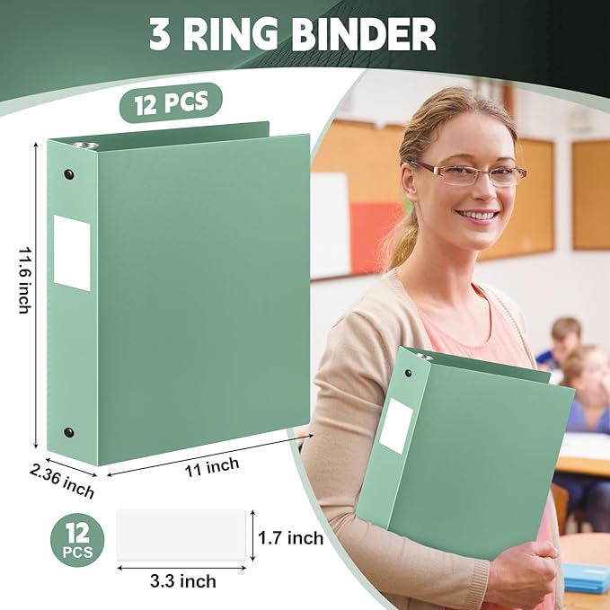 Henoyso 12 Pcs 3 Ring Binder 2 Inch Round Fits Letter Size 8.5'' x 11'' Paper Plastic Flexible Binder Bulk Holds 490 Sheets with 1 Pockets Versatile Organizer for Home Office School (Sage Green)