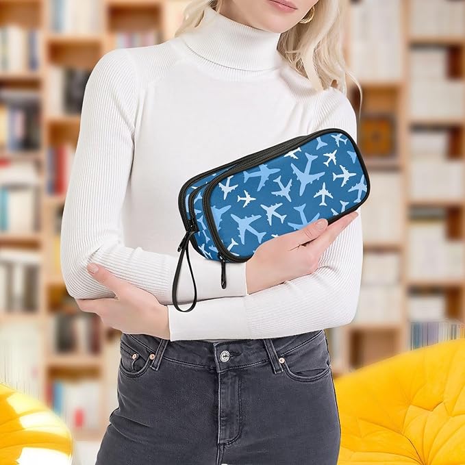 BOENLE Airplanes Blue Pencil Case Box Boys Girls Large Pencil Pouch with Zipper Compartments Big Capacity Stationery Pen Bag Organizer for Kids Teens Adults School