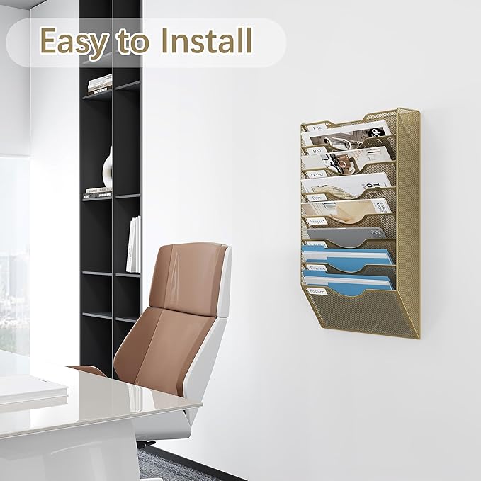 EasyPAG 8 Pocket Mesh Wall File Organizer, Hanging Paper Folder Holder with Classify Label, Vertical Wall Mount Mail Organizer for Office Home Classroom, Gold