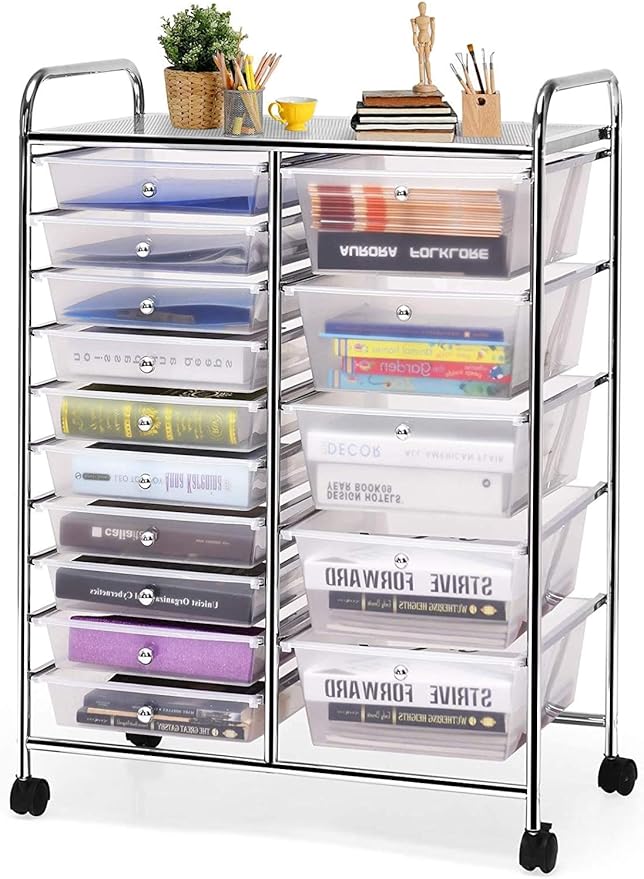 HAPPYGRILL 15-Drawer Rolling Cart, Storage Carts with Removable Drawers & Steel Frame, Utility Cart on Lockable Wheels for Home, School, Office,Clear